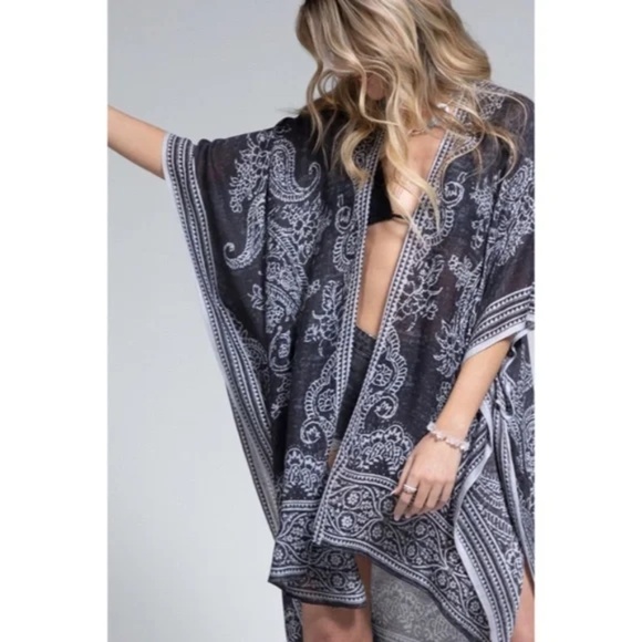 Accessories - Earl Gray Bohemian Damask Paisley Printed Open Kimono Coverup Wrap